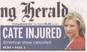 'CATE INJURED', the teaser as it appeared on Thursday's SMH 